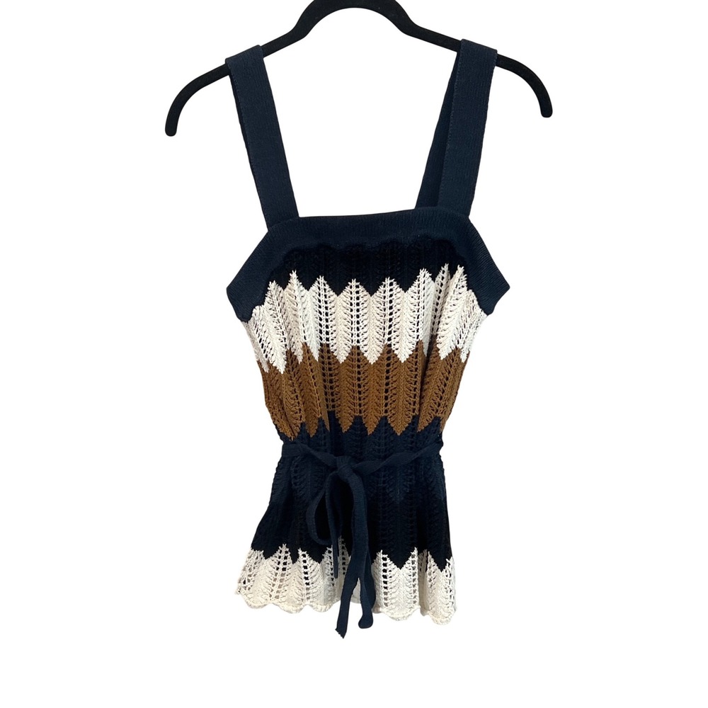 Trina Turk Chevron Crochet Knit Belted Tank‎ Top Navy Blue White Tan Size M